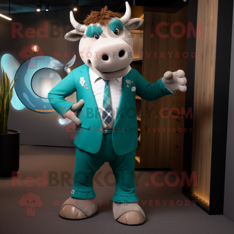 Teal Bull mascot costume character dressed with a Blazer and Suspenders