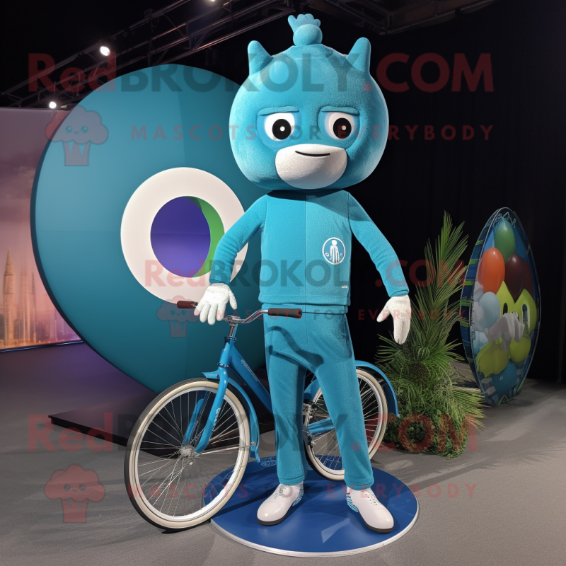 Teal Unicyclist mascot costume character dressed with a Capri Pants and Hairpins Teal Unicyclist mascot costume character dressed with a Capri Pants and Hairpins