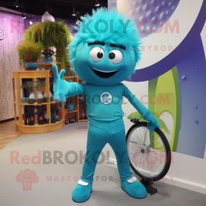 Teal Unicyclist mascot costume character dressed with a Capri Pants and Hairpins