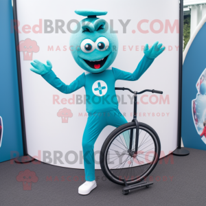 Teal Unicyclist mascot costume character dressed with a Capri Pants and Hairpins