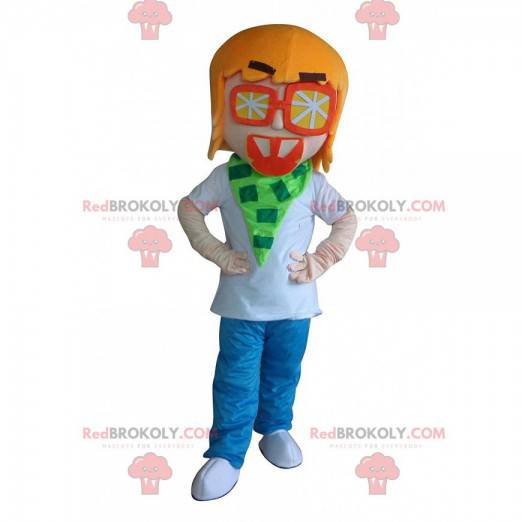 Menino mascote, jovem com óculos laranja - Redbrokoly.com