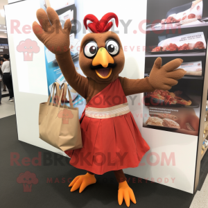 Brown Tandoori Chicken mascot costume character dressed with a Mini Skirt and Tote bags