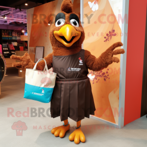 Brown Tandoori Chicken mascot costume character dressed with a Mini Skirt and Tote bags