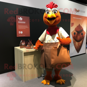 Brown Tandoori Chicken mascot costume character dressed with a Mini Skirt and Tote bags