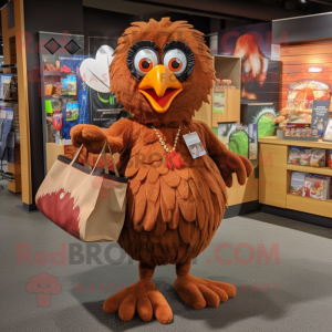 Brown Tandoori Chicken mascot costume character dressed with a Mini Skirt and Tote bags