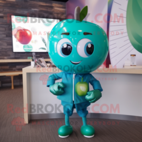 Teal Apple mascot costume character dressed with a Blouse and Bracelet watches