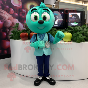 Teal Apple mascot costume character dressed with a Blouse and Bracelet watches