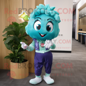 Teal Apple mascot costume character dressed with a Blouse and Bracelet watches