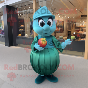 Teal Apple mascot costume character dressed with a Blouse and Bracelet watches