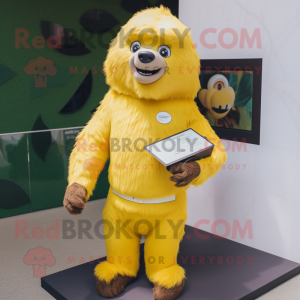 Yellow Sloth Bear mascot costume character dressed with a Leggings and Lapel pins
