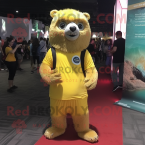 Yellow Sloth Bear mascot costume character dressed with a Leggings and Lapel pins