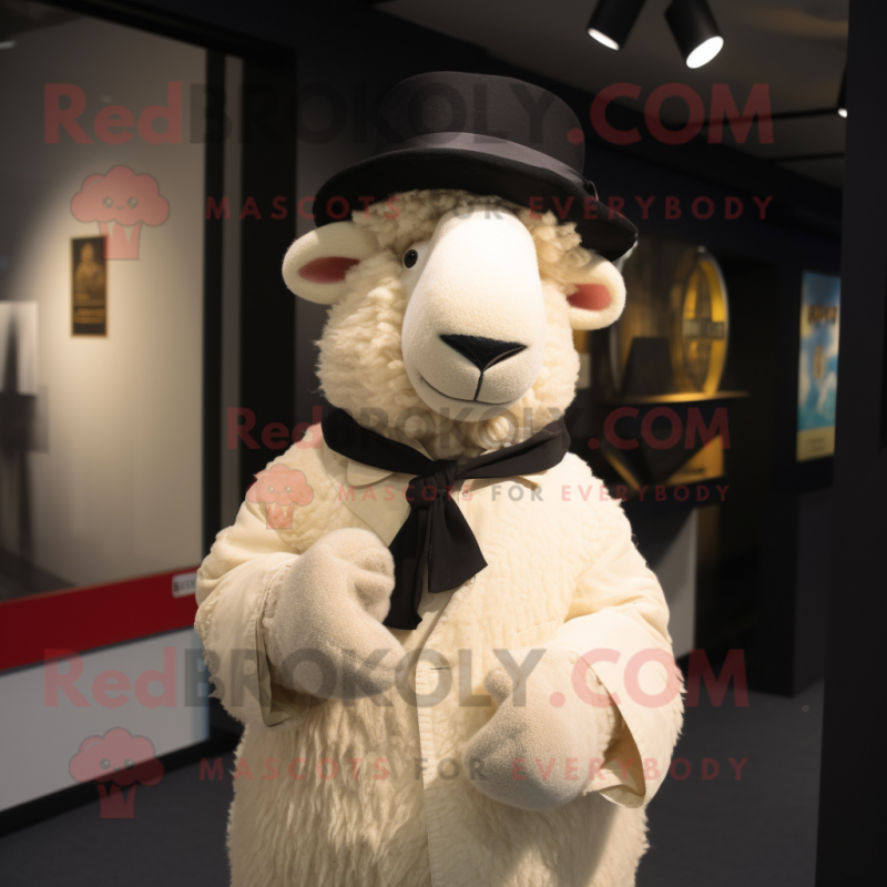 Beige Merino Sheep mascot costume character dressed with a Tuxedo and Hat pins