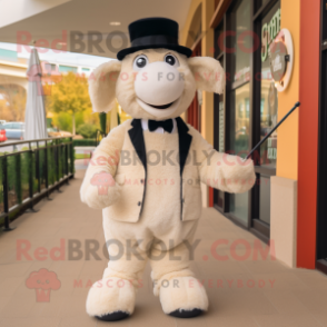 Beige Merino Sheep mascot costume character dressed with a Tuxedo and Hat pins