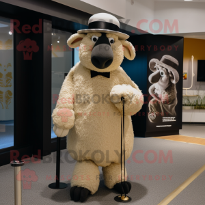 Beige Merino Sheep mascot costume character dressed with a Tuxedo and Hat pins
