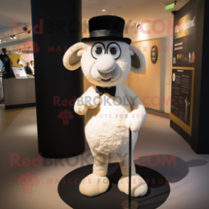 Beige Merino Sheep mascot costume character dressed with a Tuxedo and Hat pins