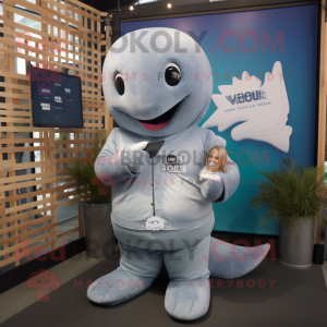 Gray Whale mascot costume character dressed with a V-Neck Tee and Digital watches