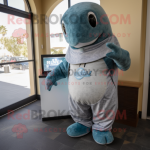 Gray Whale mascot costume character dressed with a V-Neck Tee and Digital watches