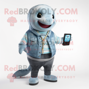 Gray Whale mascot costume character dressed with a V-Neck Tee and Digital watches