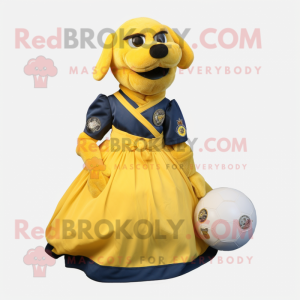Yellow Navy Seal mascot costume character dressed with a Ball Gown and Earrings