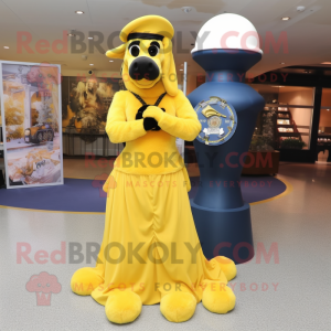 Yellow Navy Seal mascot costume character dressed with a Ball Gown and Earrings