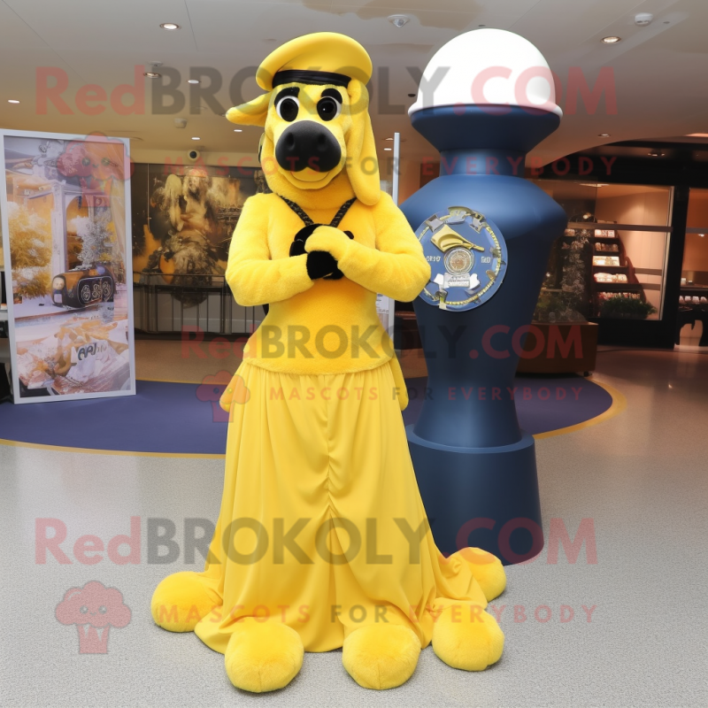 Yellow Navy Seal mascot costume character dressed with a Ball Gown and Earrings
