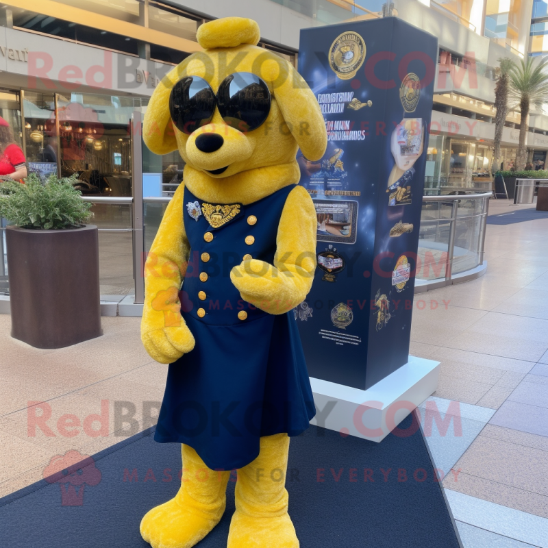 Yellow Navy Seal mascot costume character dressed with a Ball Gown and Earrings