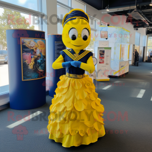 Yellow Navy Seal mascot costume character dressed with a Ball Gown and Earrings