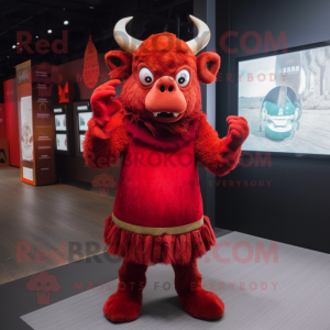 Red Minotaur mascot costume character dressed with a Dress and Beanies