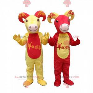 2 mascots of red and yellow goats, goat costumes -