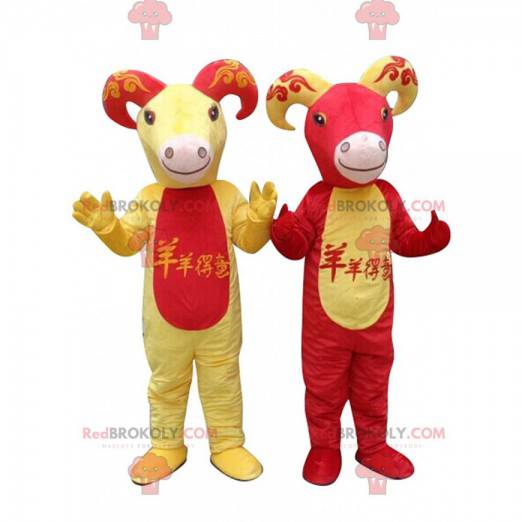 2 mascots of red and yellow goats, goat costumes -