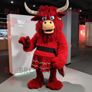 Red Minotaur mascot costume character dressed with a Dress and Beanies
