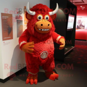 Red Minotaur mascot costume character dressed with a Dress and Beanies