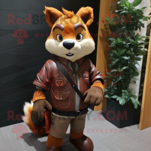 Brown Fox mascot costume character dressed with a Leather Jacket and Messenger bags