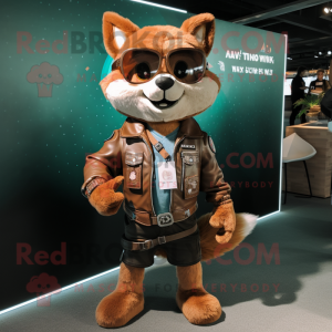 Brown Fox mascot costume character dressed with a Leather Jacket and Messenger bags