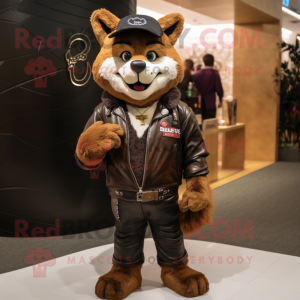 Brown Fox mascot costume character dressed with a Leather Jacket and Messenger bags