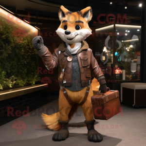 Brown Fox mascot costume character dressed with a Leather Jacket and Messenger bags