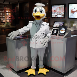 Silver Duck mascot costume character dressed with a Poplin Shirt and Lapel pins
