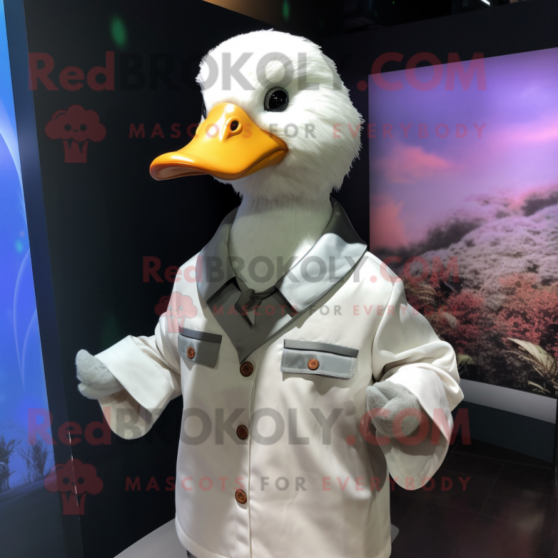 Silver Duck mascot costume character dressed with a Poplin Shirt and Lapel pins