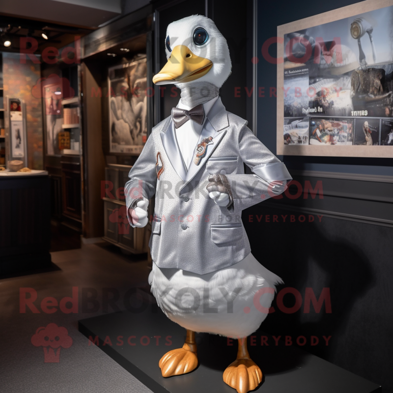 Silver Duck mascot costume character dressed with a Poplin Shirt and Lapel pins