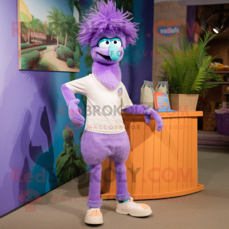 Lavender Emu mascot costume character dressed with a Capri Pants and Headbands Lavender Emu mascot costume character dressed with a Capri Pants and Headbands