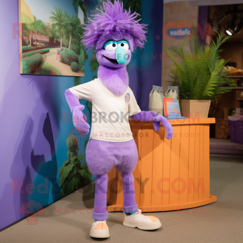 Lavender Emu mascot costume character dressed with a Capri Pants and Headbands