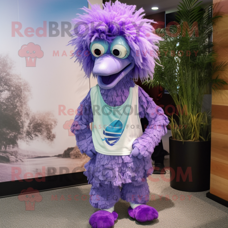 Lavender Emu mascot costume character dressed with a Capri Pants and Headbands Lavender Emu mascot costume character dressed with a Capri Pants and Headbands
