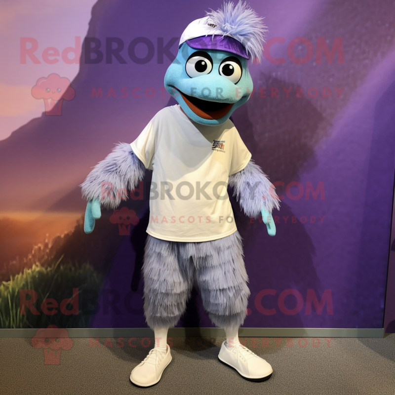 Lavender Emu mascot costume character dressed with a Capri Pants and Headbands