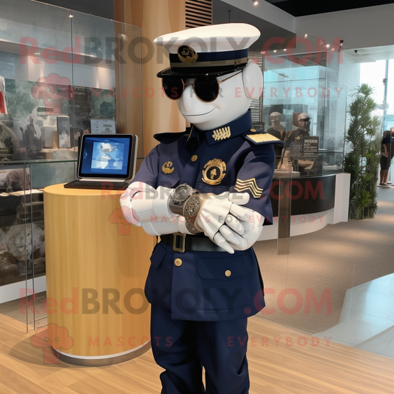 Navy Army Soldier mascot costume character dressed with a Button-Up Shirt and Digital watches