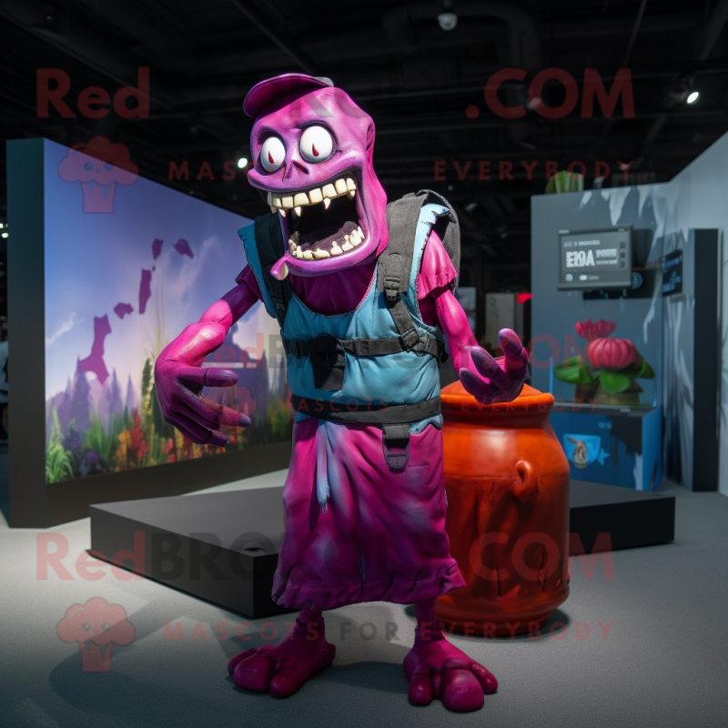 Magenta Undead mascot costume character dressed with a Tank Top and Backpacks