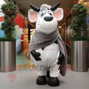 Silver Hereford Cow mascot costume character dressed with a Turtleneck and Scarves