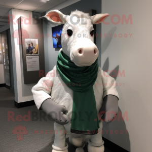 Silver Hereford Cow mascot costume character dressed with a Turtleneck and Scarves