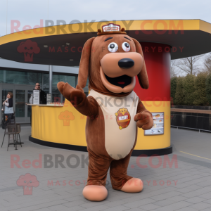 Brown Hot Dog mascot costume character dressed with a Blouse and Lapel pins