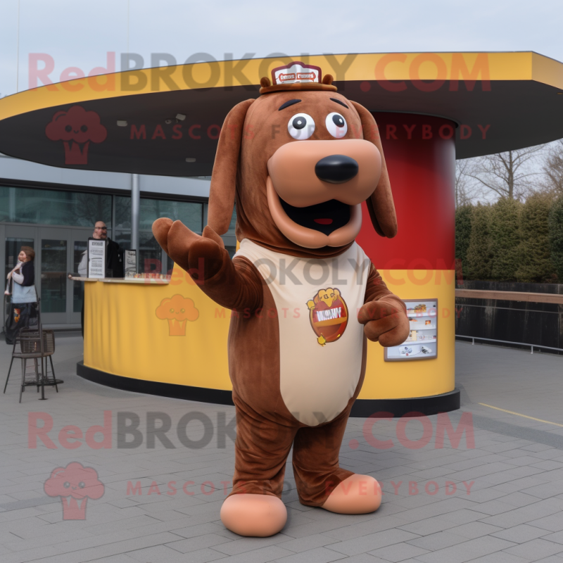 Brown Hot Dog mascot costume character dressed with a Blouse and Lapel pins Brown Hot Dog mascot costume character dressed with a Blouse and Lapel pins