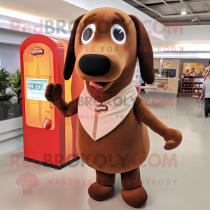 Brown Hot Dog mascot costume character dressed with a Blouse and Lapel pins